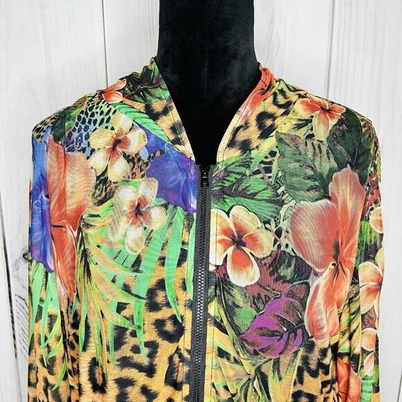Simon Chang Floral Animal Print Over Mesh Hooded Jacket Size S Full Zip - Picture 2 of 10